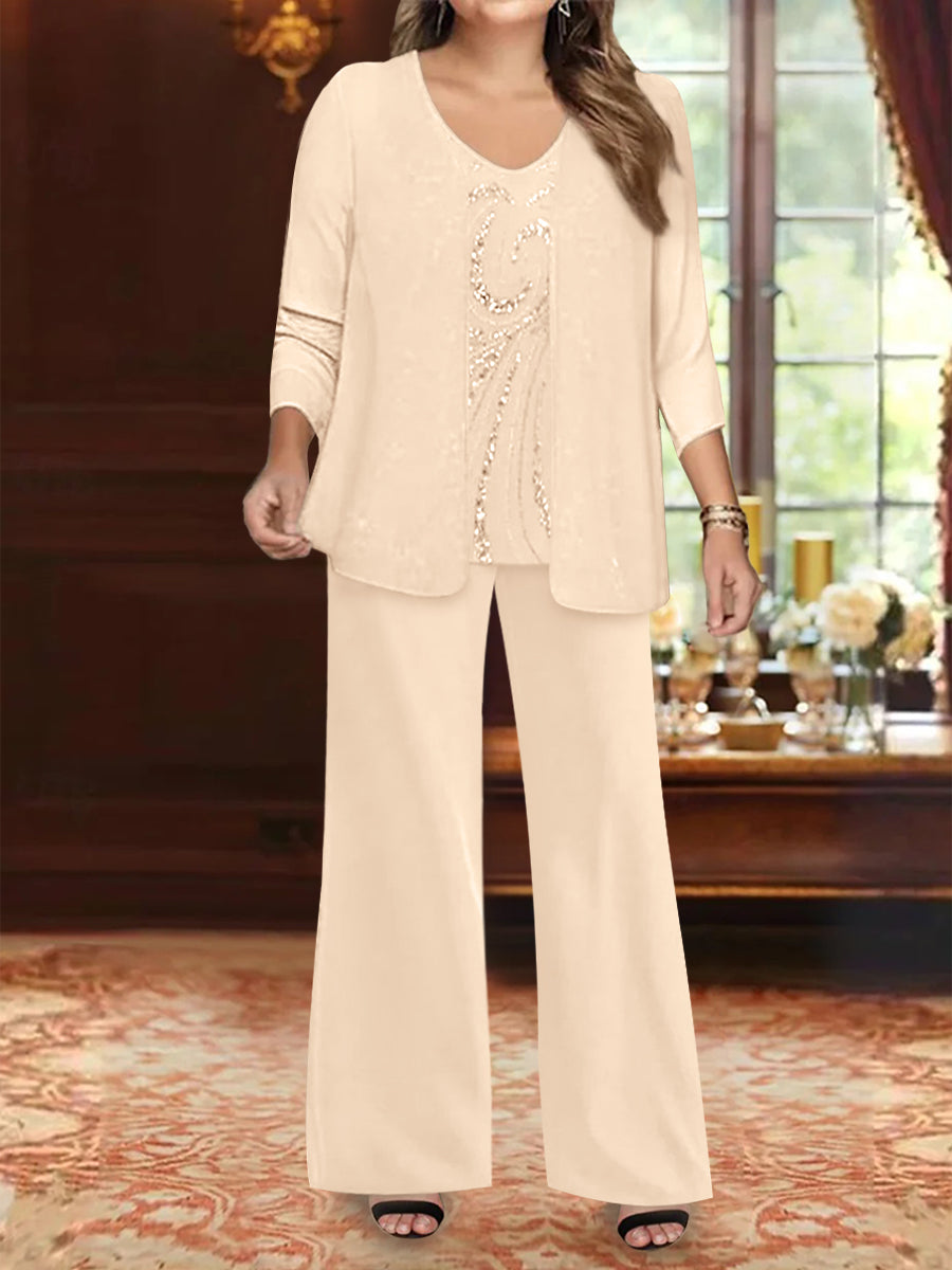 Chiffon V-Neck Floor-Length 3 Pieces Plus Size Mother of the Bride Pantsuits with Jacket & Sequins Beading