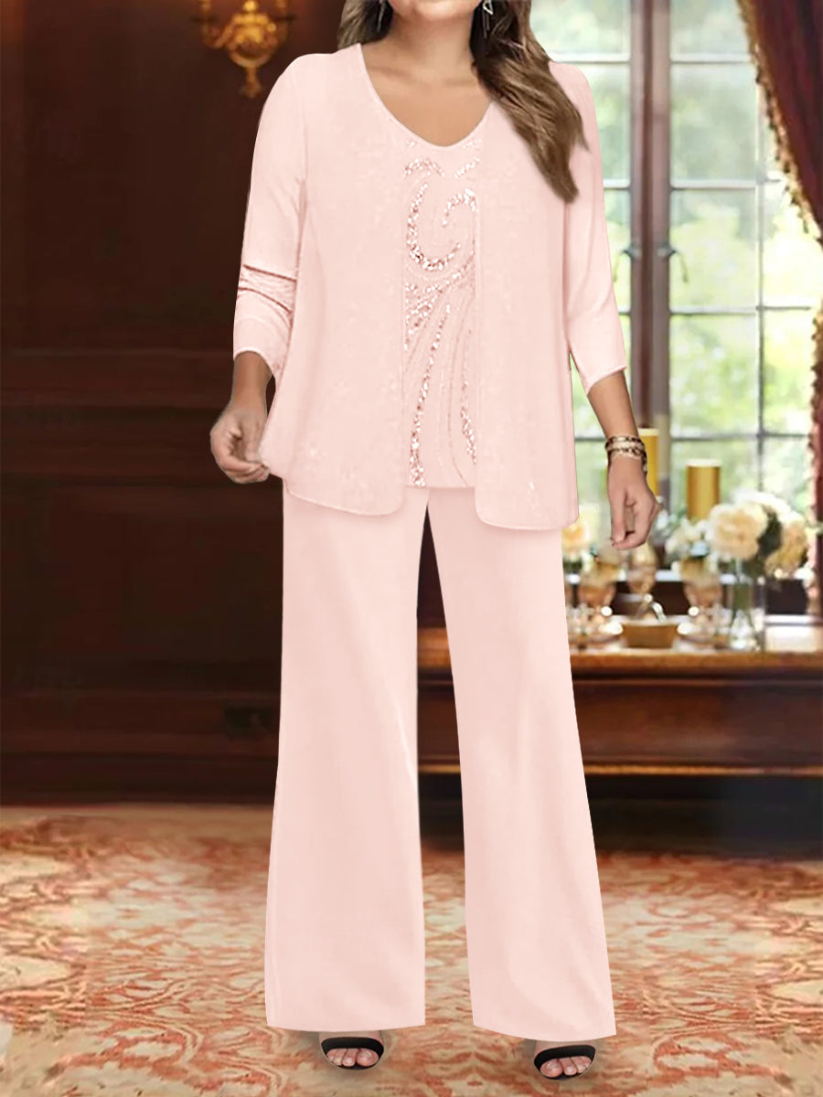 Chiffon V-Neck Floor-Length 3 Pieces Plus Size Mother of the Bride Pantsuits with Jacket & Sequins Beading