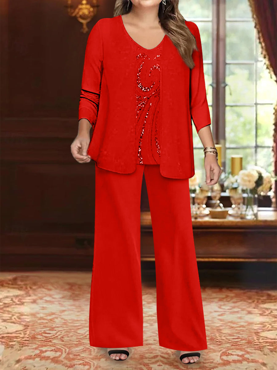 Chiffon V-Neck Floor-Length 3 Pieces Plus Size Mother of the Bride Pantsuits with Jacket & Sequins Beading