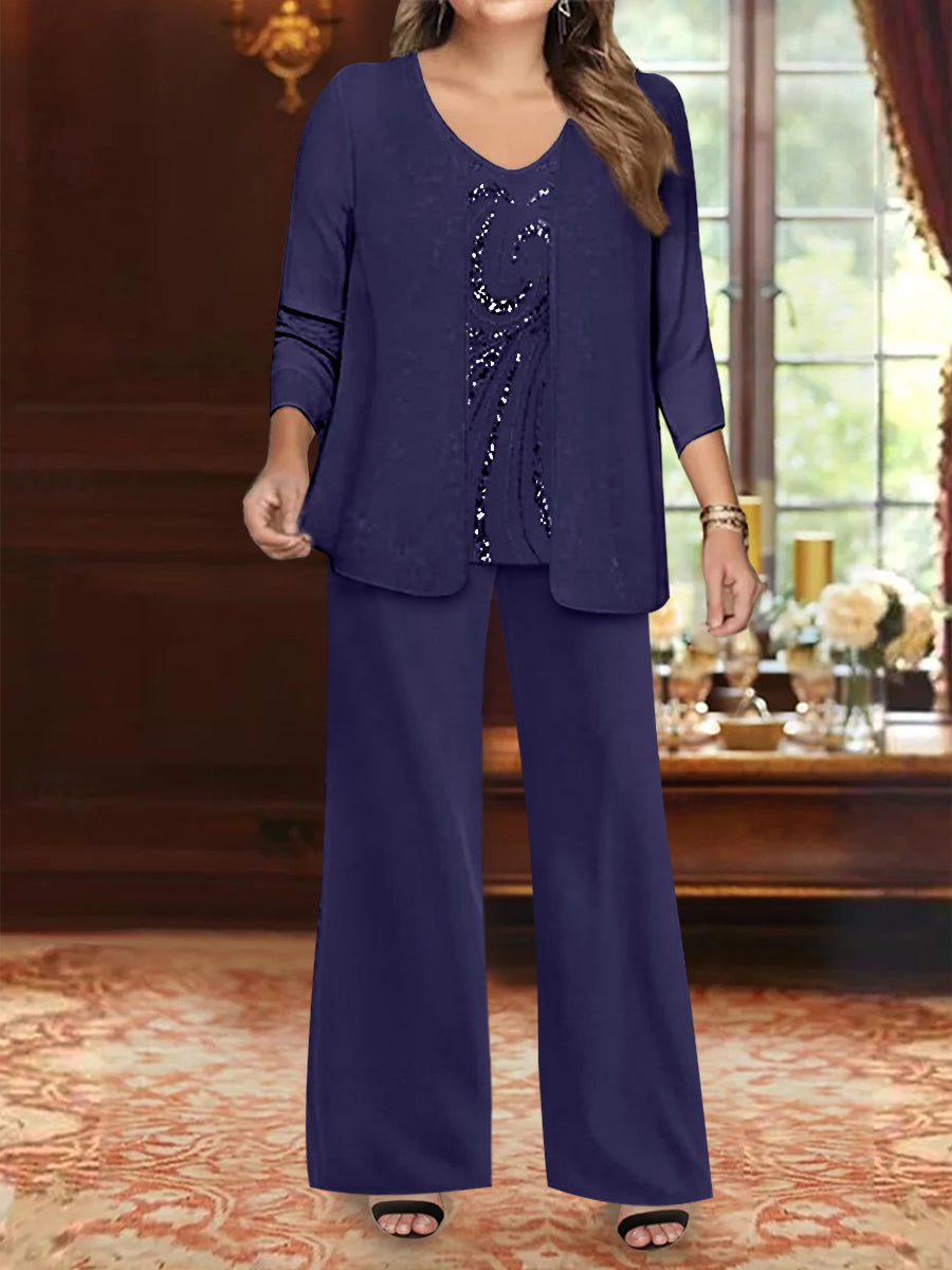 Chiffon V-Neck Floor-Length 3 Pieces Plus Size Mother of the Bride Pantsuits with Jacket & Sequins Beading