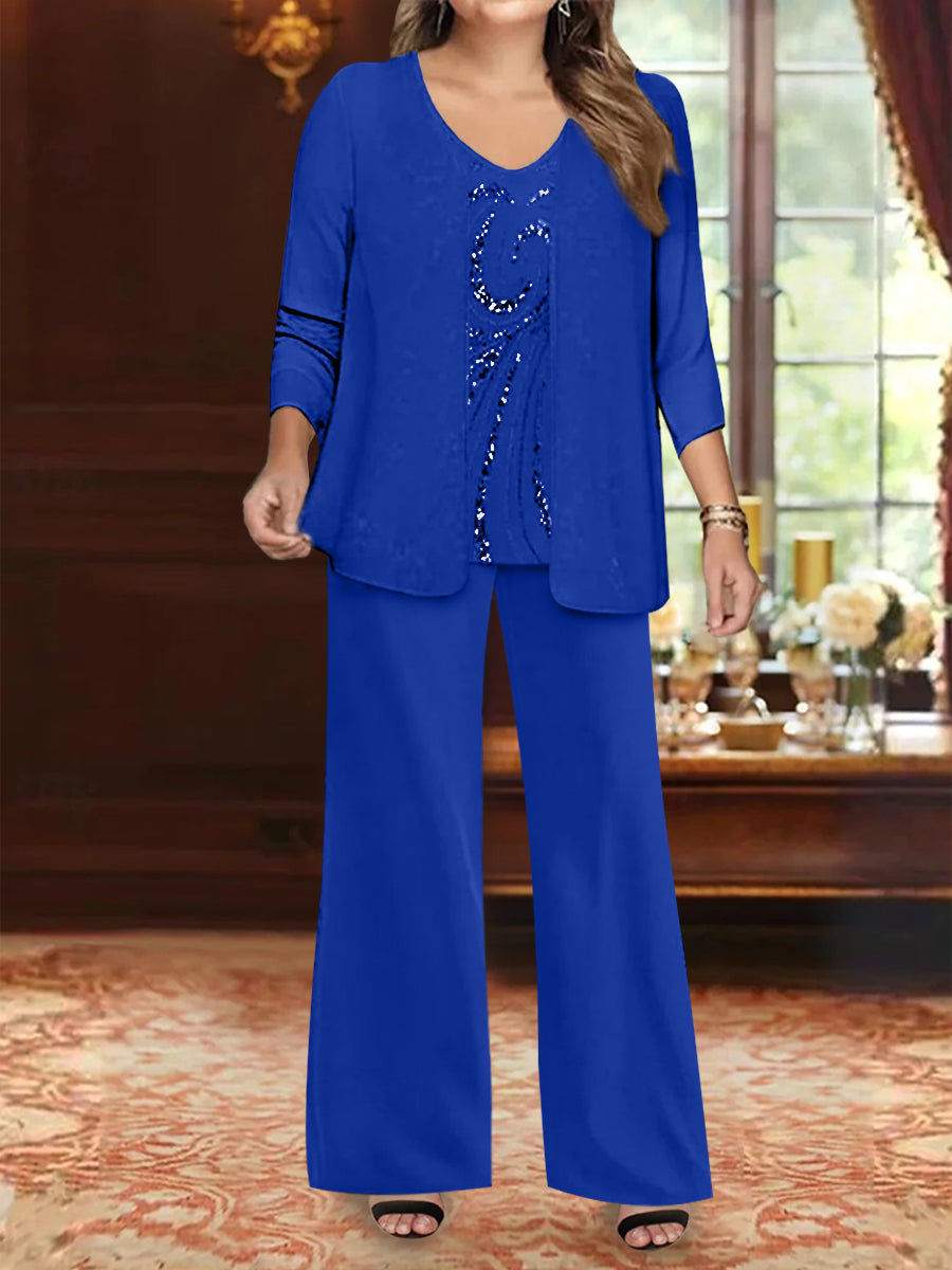 Chiffon V-Neck Floor-Length 3 Pieces Plus Size Mother of the Bride Pantsuits with Jacket & Sequins Beading