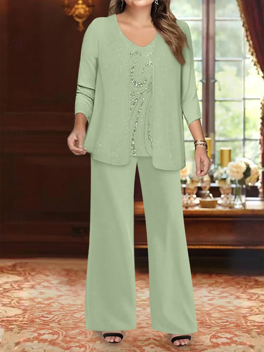 Chiffon V-Neck Floor-Length 3 Pieces Plus Size Mother of the Bride Pantsuits with Jacket & Sequins Beading