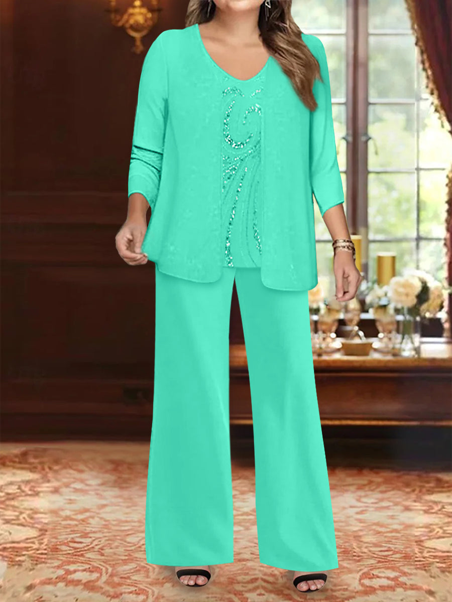 Chiffon V-Neck Floor-Length 3 Pieces Plus Size Mother of the Bride Pantsuits with Jacket & Sequins Beading