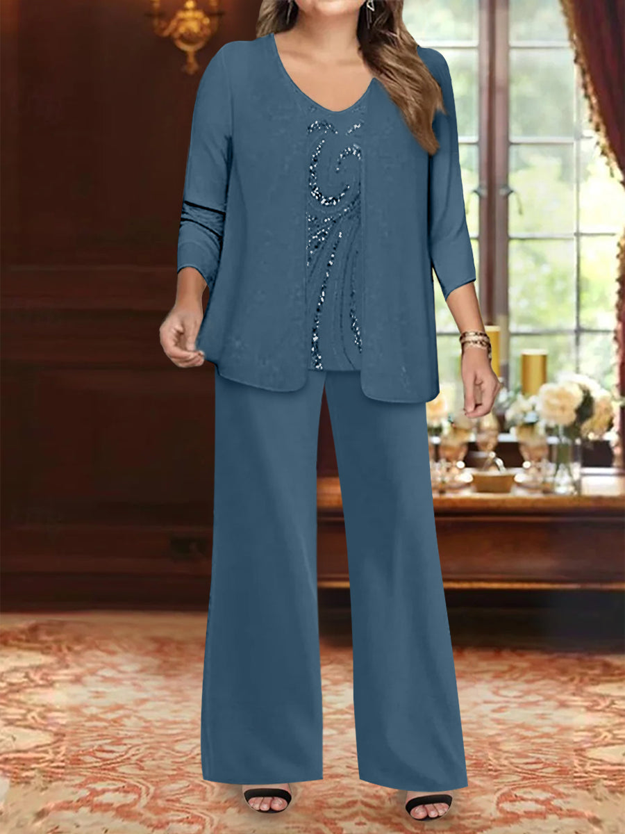 Chiffon V-Neck Floor-Length 3 Pieces Plus Size Mother of the Bride Pantsuits with Jacket & Sequins Beading