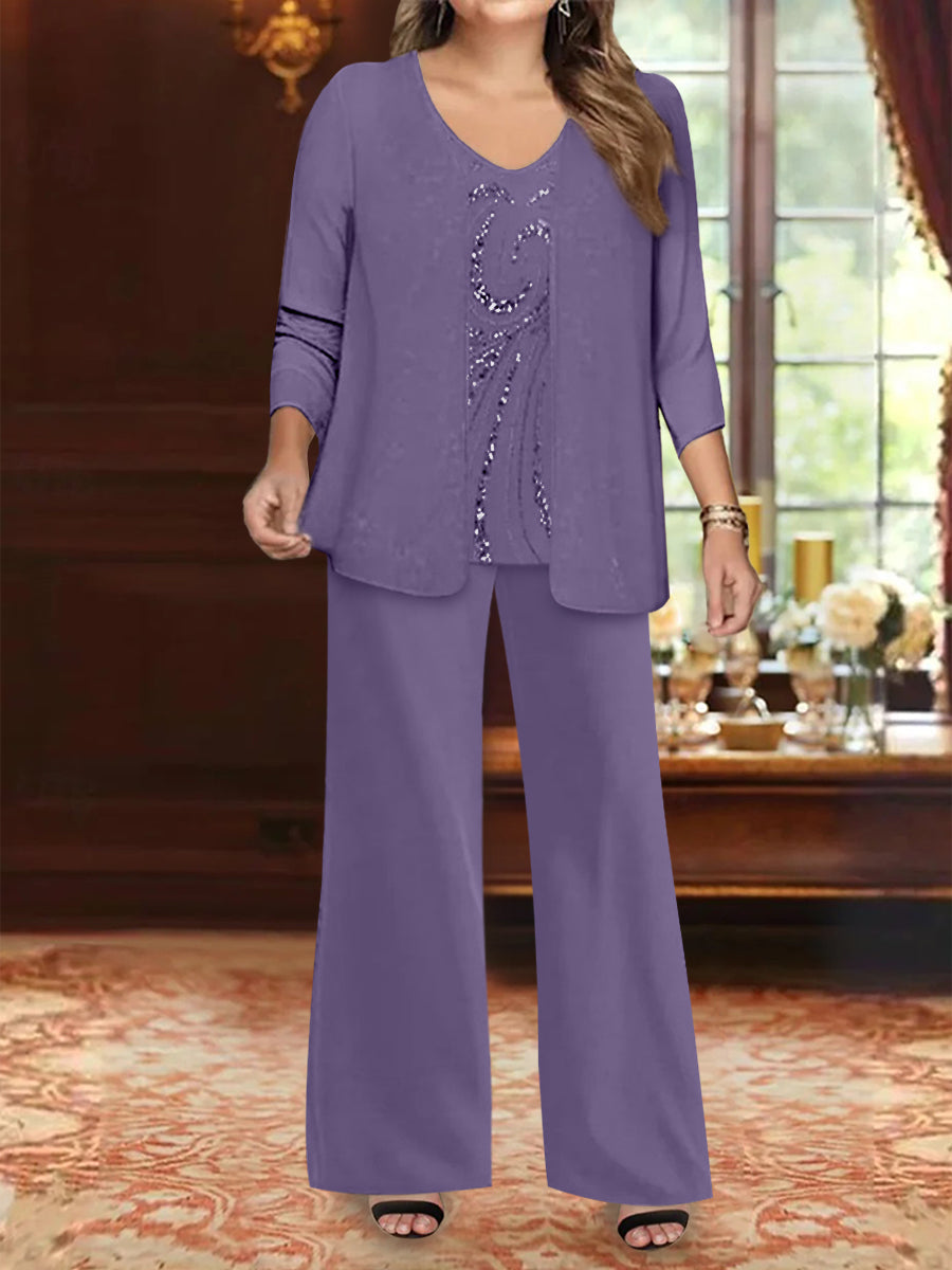 Chiffon V-Neck Floor-Length 3 Pieces Plus Size Mother of the Bride Pantsuits with Jacket & Sequins Beading