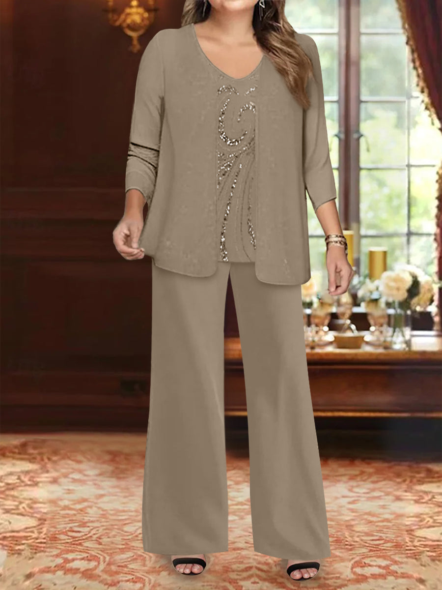 Chiffon V-Neck Floor-Length 3 Pieces Plus Size Mother of the Bride Pantsuits with Jacket & Sequins Beading