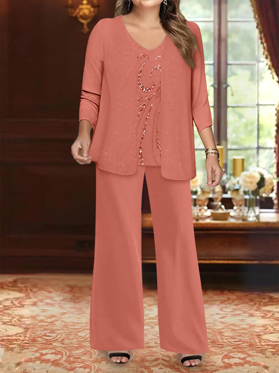 Chiffon V-Neck Floor-Length 3 Pieces Plus Size Mother of the Bride Pantsuits with Jacket & Sequins Beading