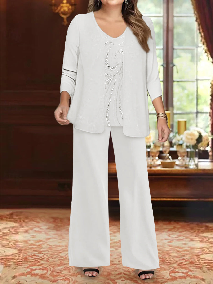 Chiffon V-Neck Floor-Length 3 Pieces Plus Size Mother of the Bride Pantsuits with Jacket & Sequins Beading