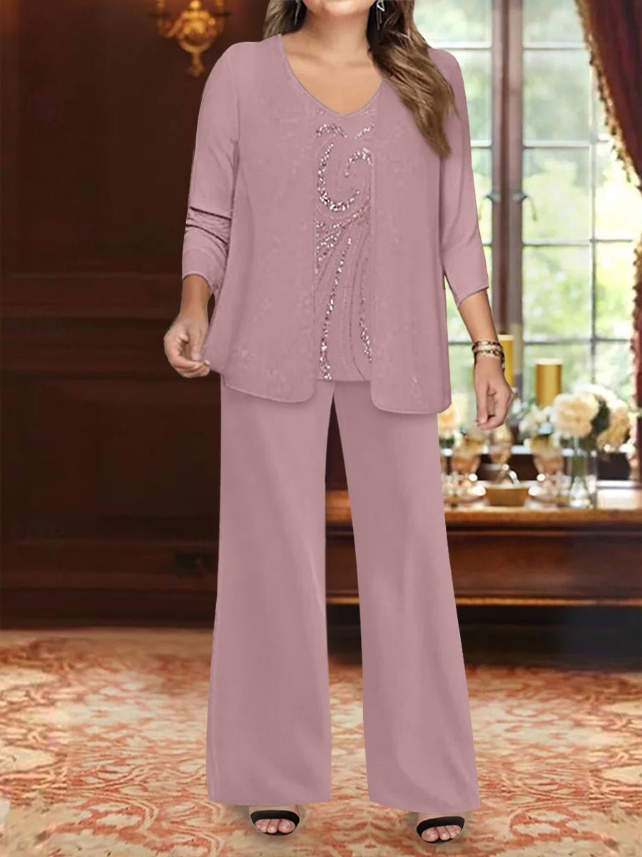 Chiffon V-Neck Floor-Length 3 Pieces Plus Size Mother of the Bride Pantsuits with Jacket & Sequins Beading
