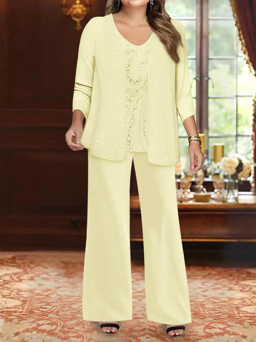 Chiffon V-Neck Floor-Length 3 Pieces Plus Size Mother of the Bride Pantsuits with Jacket & Sequins Beading