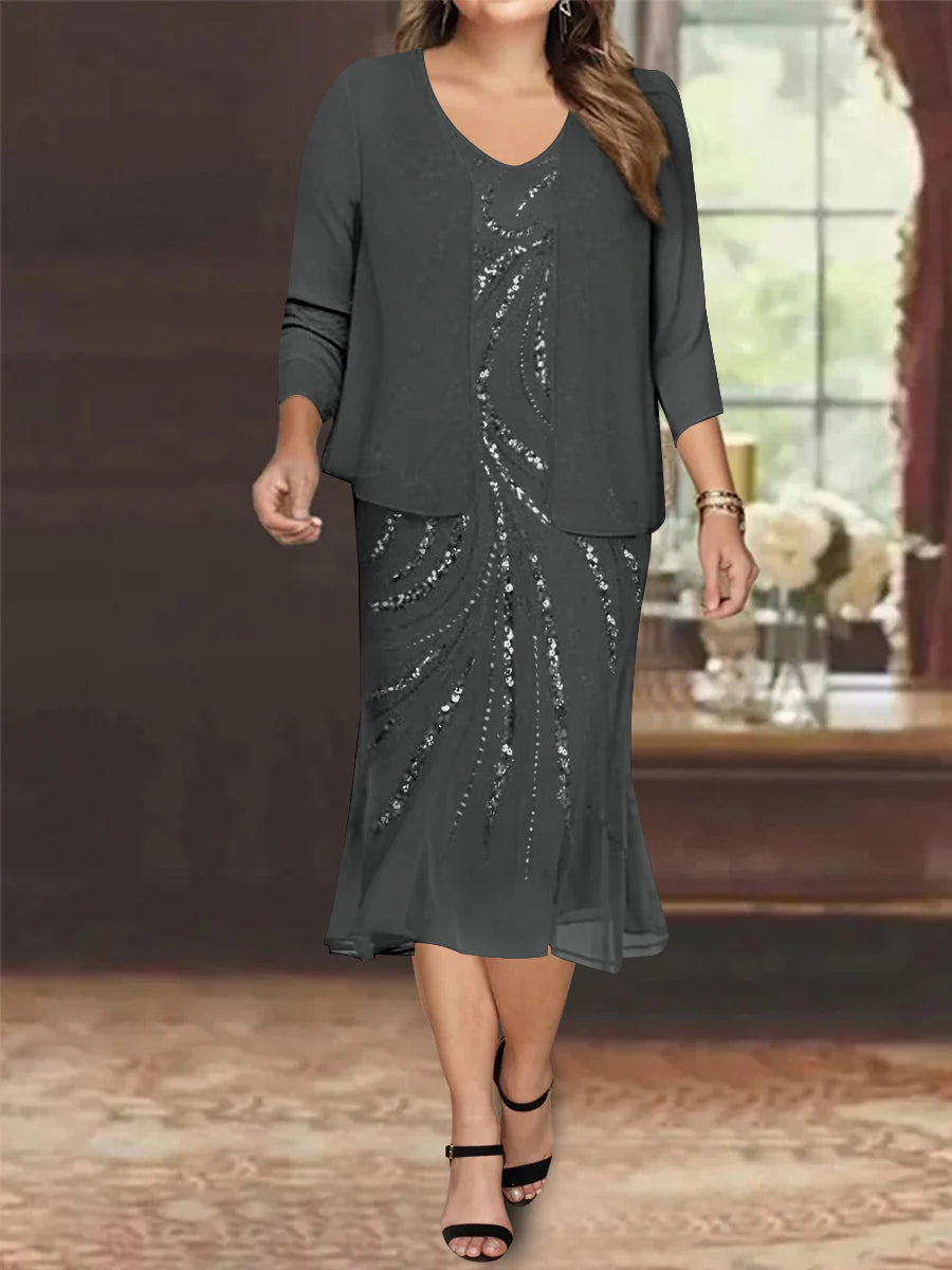 Chiffon 2 Pieces V-Neck Knee-Length Plus Size Mother of the Bride Dresses with Jacket & Sequins Beading