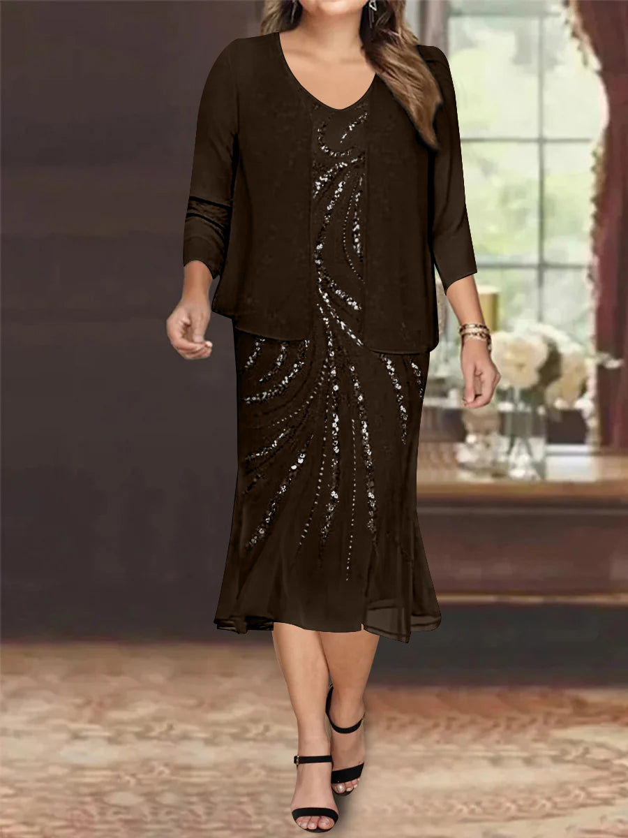 Chiffon 2 Pieces V-Neck Knee-Length Plus Size Mother of the Bride Dresses with Jacket & Sequins Beading