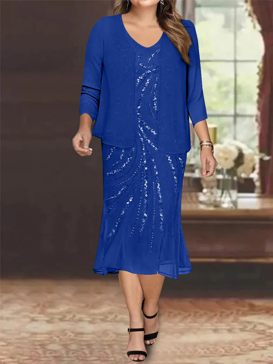 Chiffon 2 Pieces V-Neck Knee-Length Plus Size Mother of the Bride Dresses with Jacket & Sequins Beading
