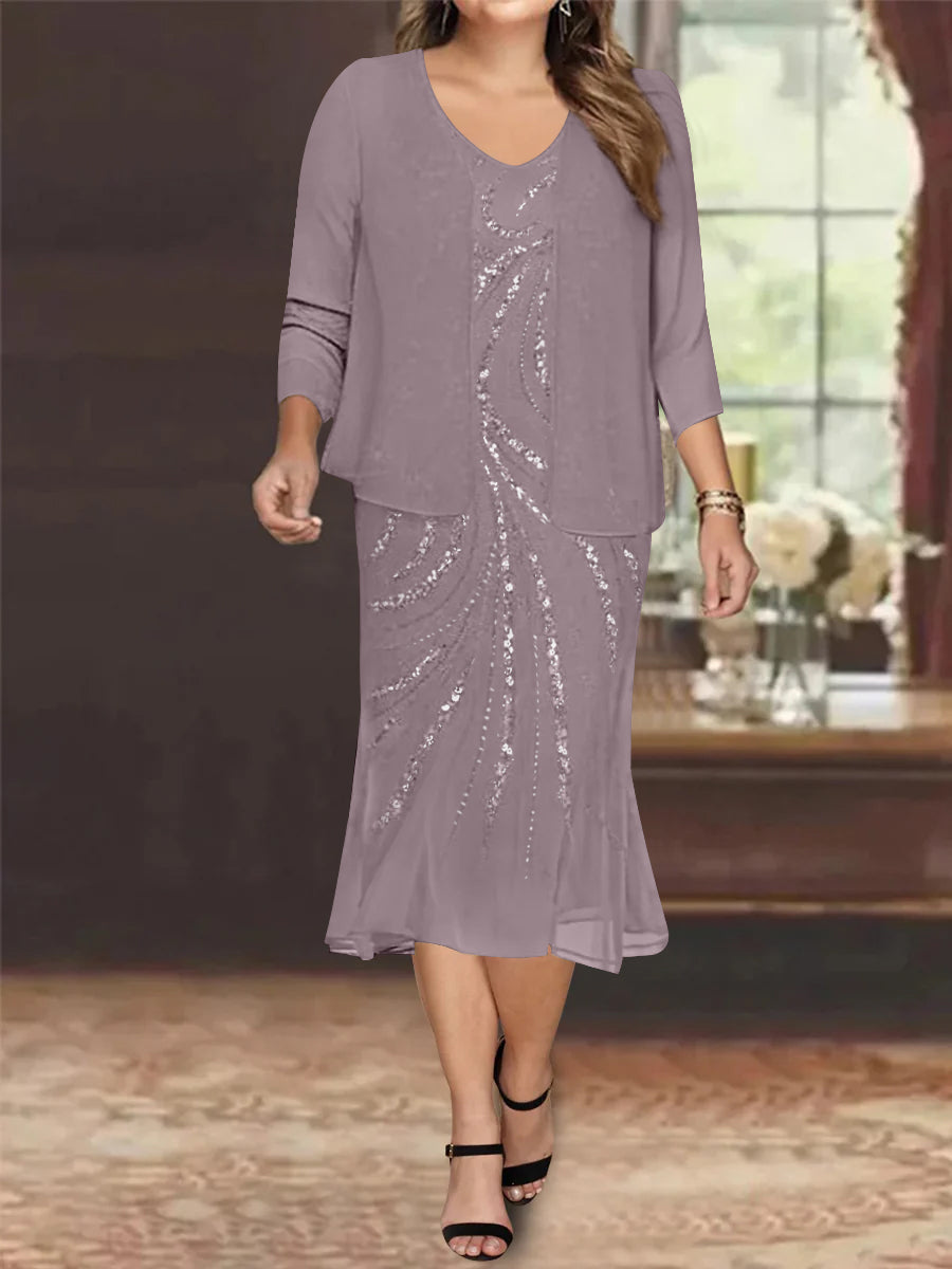 Chiffon 2 Pieces V-Neck Knee-Length Plus Size Mother of the Bride Dresses with Jacket & Sequins Beading