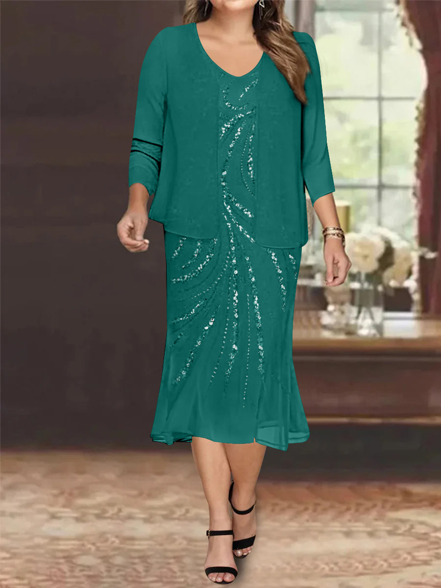 Chiffon 2 Pieces V-Neck Knee-Length Plus Size Mother of the Bride Dresses with Jacket & Sequins Beading