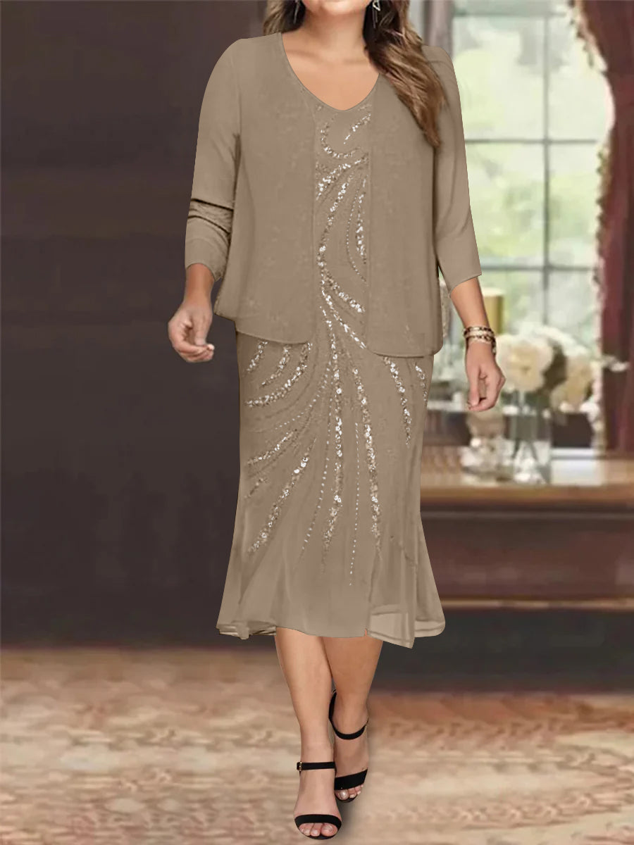 Chiffon 2 Pieces V-Neck Knee-Length Plus Size Mother of the Bride Dresses with Jacket & Sequins Beading