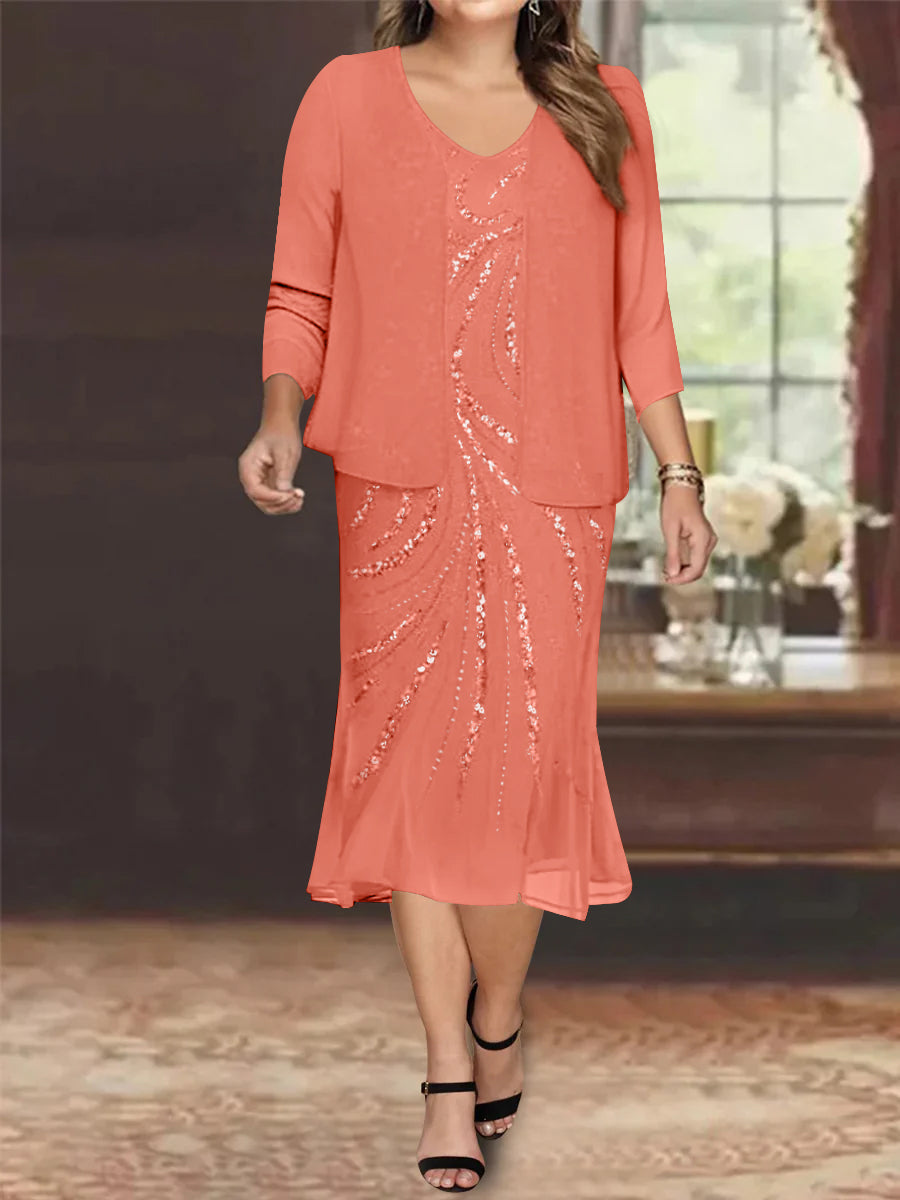 Chiffon 2 Pieces V-Neck Knee-Length Plus Size Mother of the Bride Dresses with Jacket & Sequins Beading
