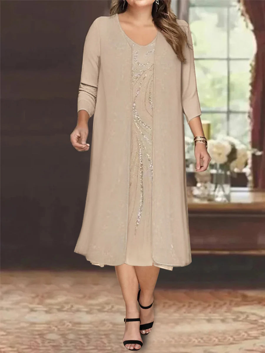 Sheath/Column V-Neck Long Sleeves Tea-Length Plus Size Mother of the Bride Dresses with Jacket & Sequins Beading