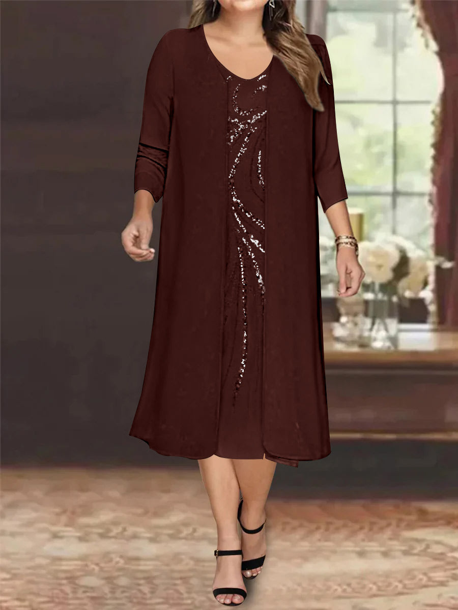 Sheath/Column V-Neck Long Sleeves Tea-Length Plus Size Mother of the Bride Dresses with Jacket & Sequins Beading