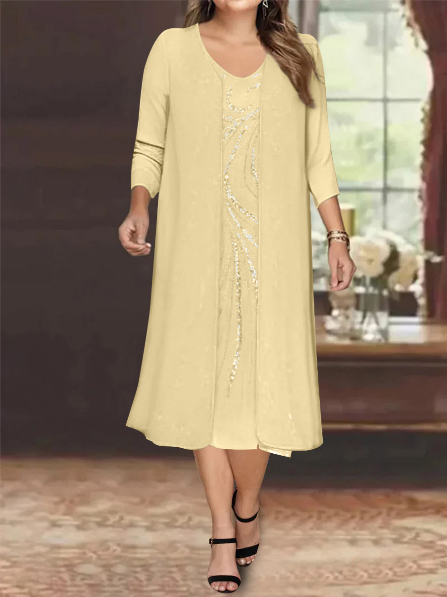 Sheath/Column V-Neck Long Sleeves Tea-Length Plus Size Mother of the Bride Dresses with Jacket & Sequins Beading