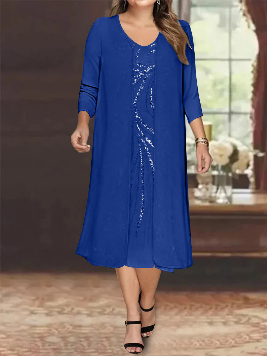 Sheath/Column V-Neck Long Sleeves Tea-Length Plus Size Mother of the Bride Dresses with Jacket & Sequins Beading