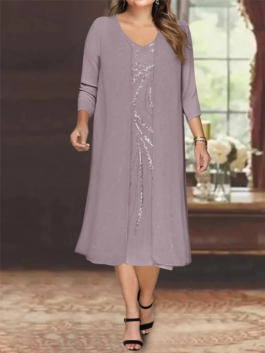 Sheath/Column V-Neck Long Sleeves Tea-Length Plus Size Mother of the Bride Dresses with Jacket & Sequins Beading