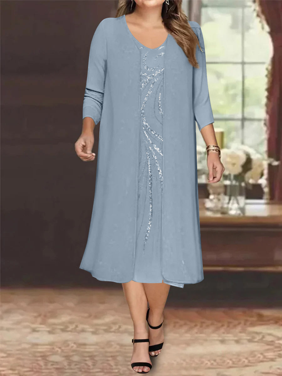Sheath/Column V-Neck Long Sleeves Tea-Length Plus Size Mother of the Bride Dresses with Jacket & Sequins Beading