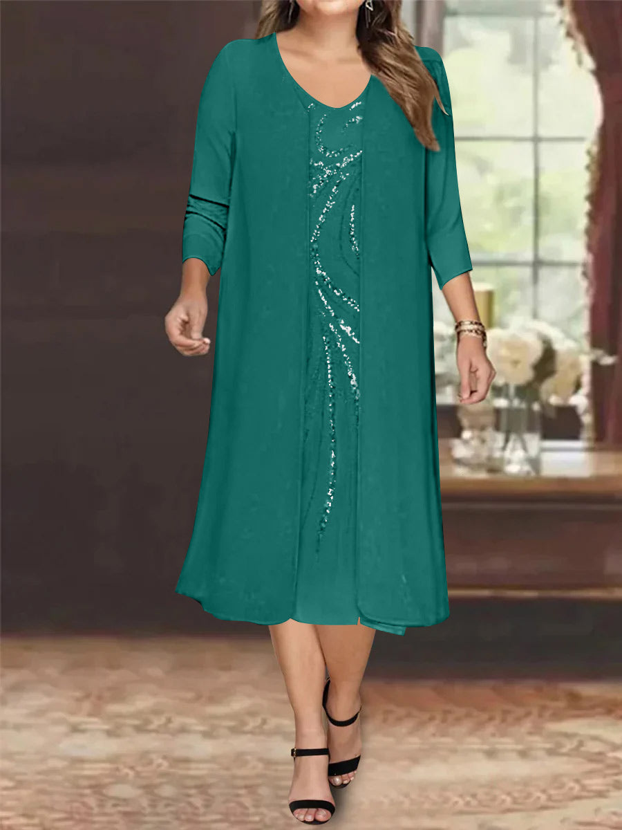Sheath/Column V-Neck Long Sleeves Tea-Length Plus Size Mother of the Bride Dresses with Jacket & Sequins Beading