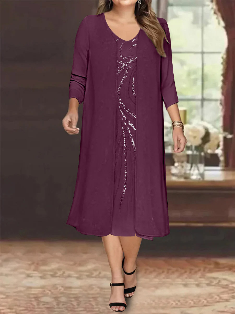 Sheath/Column V-Neck Long Sleeves Tea-Length Plus Size Mother of the Bride Dresses with Jacket & Sequins Beading