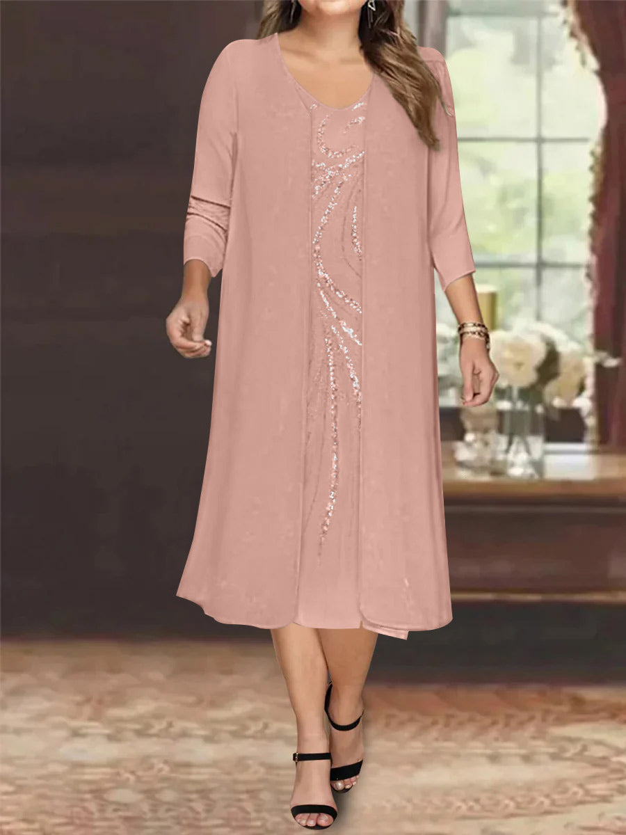 Sheath/Column V-Neck Long Sleeves Tea-Length Plus Size Mother of the Bride Dresses with Jacket & Sequins Beading