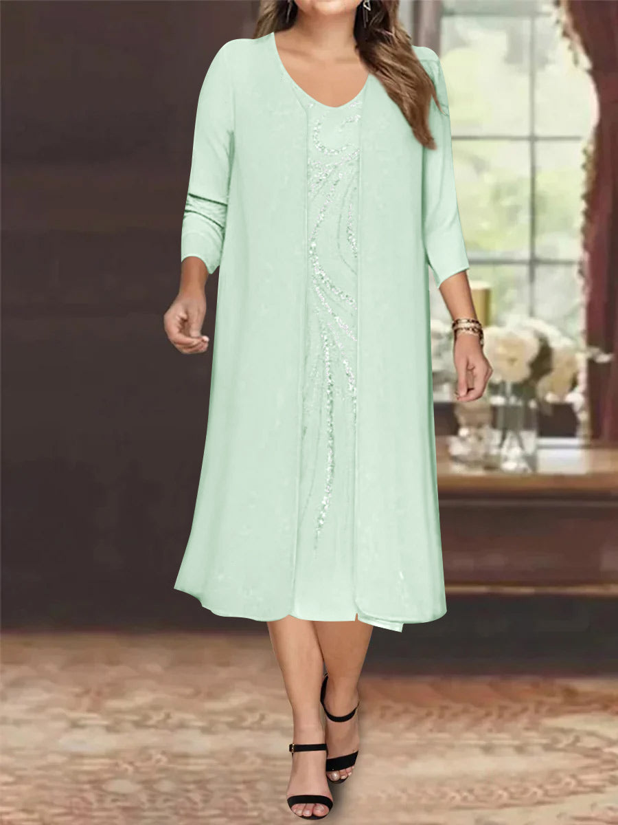 Sheath/Column V-Neck Long Sleeves Tea-Length Plus Size Mother of the Bride Dresses with Jacket & Sequins Beading