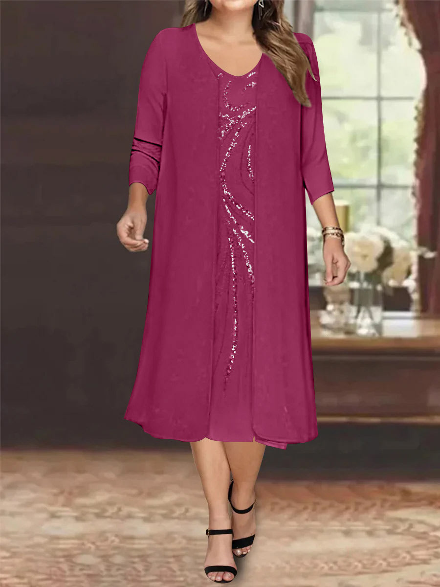 Sheath/Column V-Neck Long Sleeves Tea-Length Plus Size Mother of the Bride Dresses with Jacket & Sequins Beading