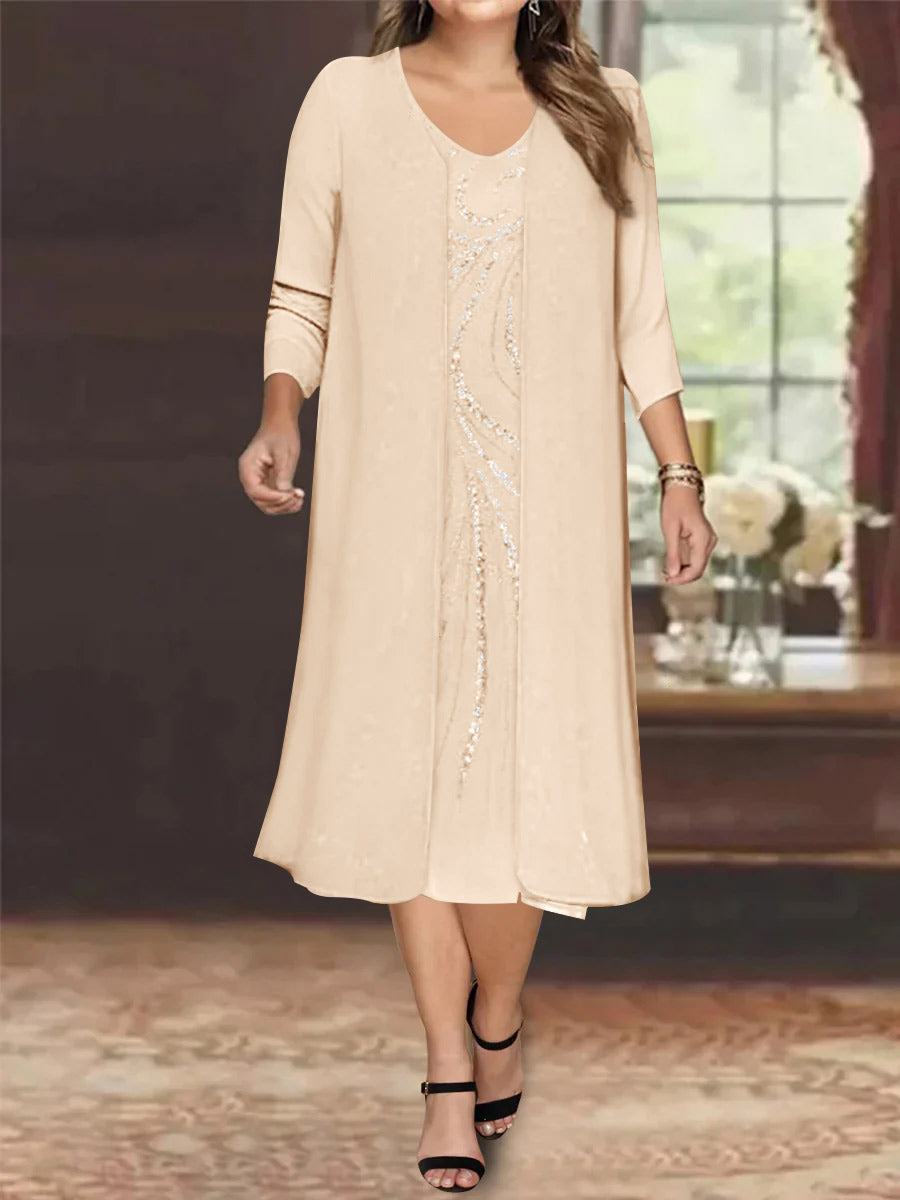 Sheath/Column V-Neck Long Sleeves Tea-Length Plus Size Mother of the Bride Dresses with Jacket & Sequins Beading