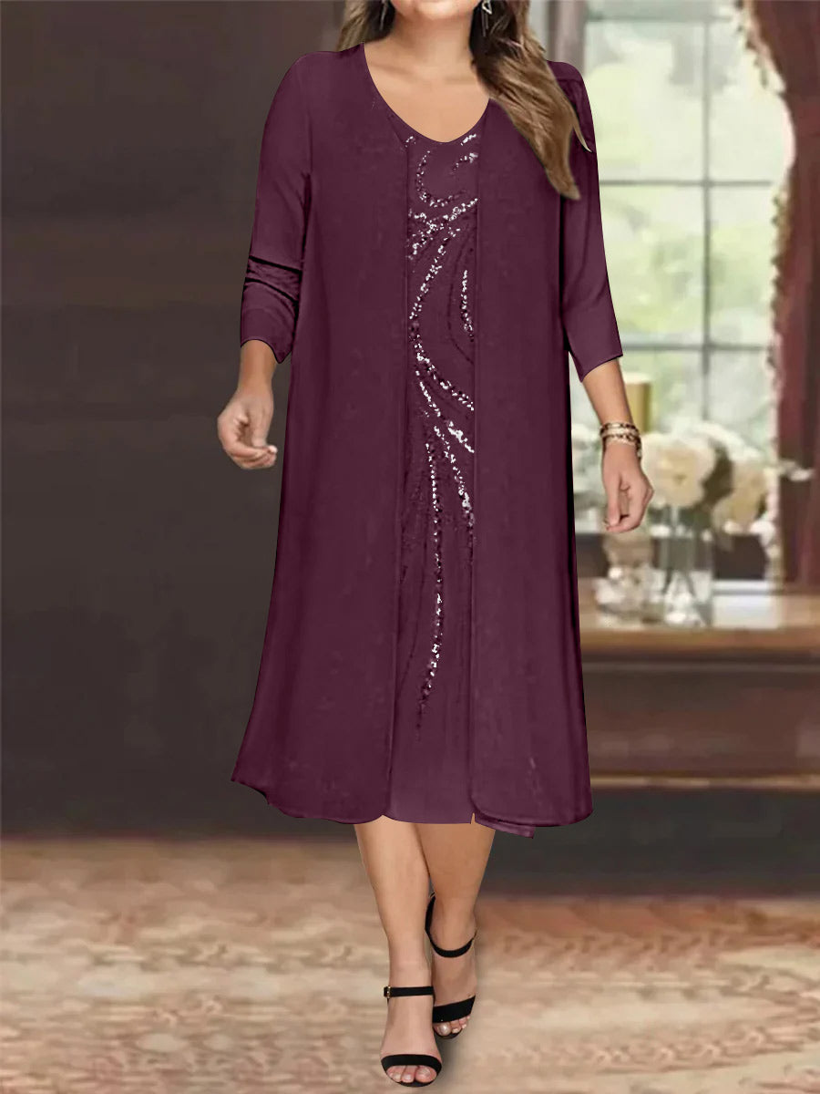 Sheath/Column V-Neck Long Sleeves Tea-Length Plus Size Mother of the Bride Dresses with Jacket & Sequins Beading