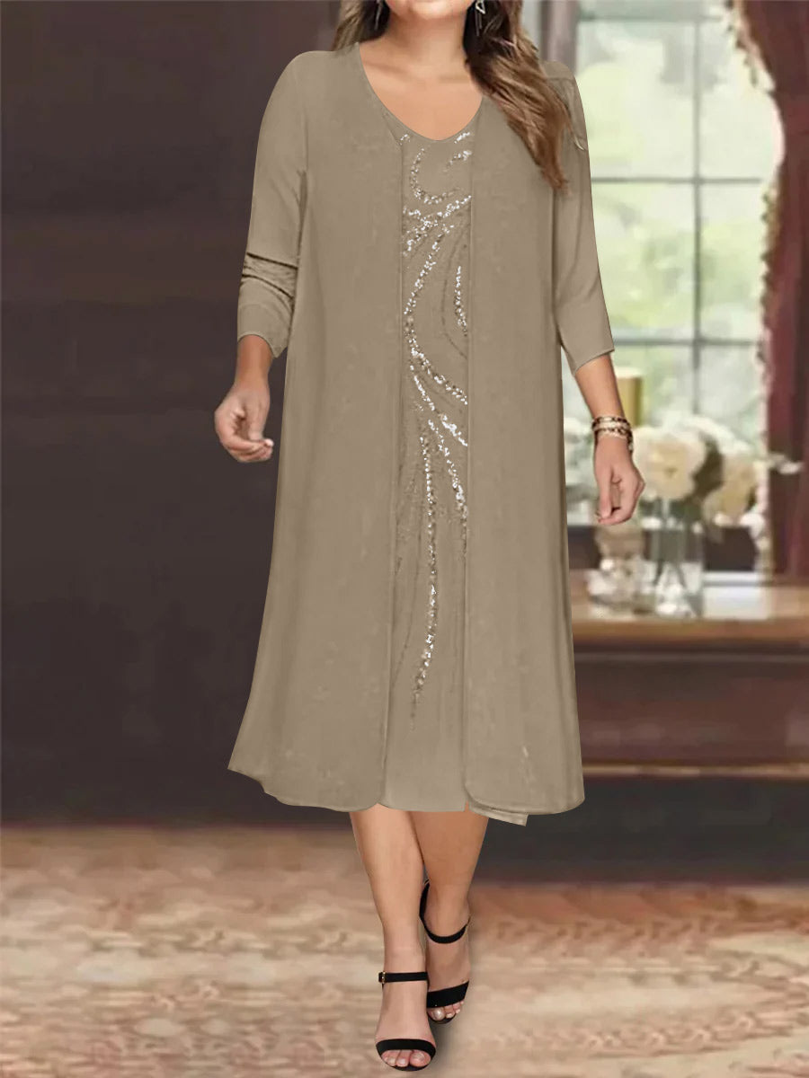 Sheath/Column V-Neck Long Sleeves Tea-Length Plus Size Mother of the Bride Dresses with Jacket & Sequins Beading