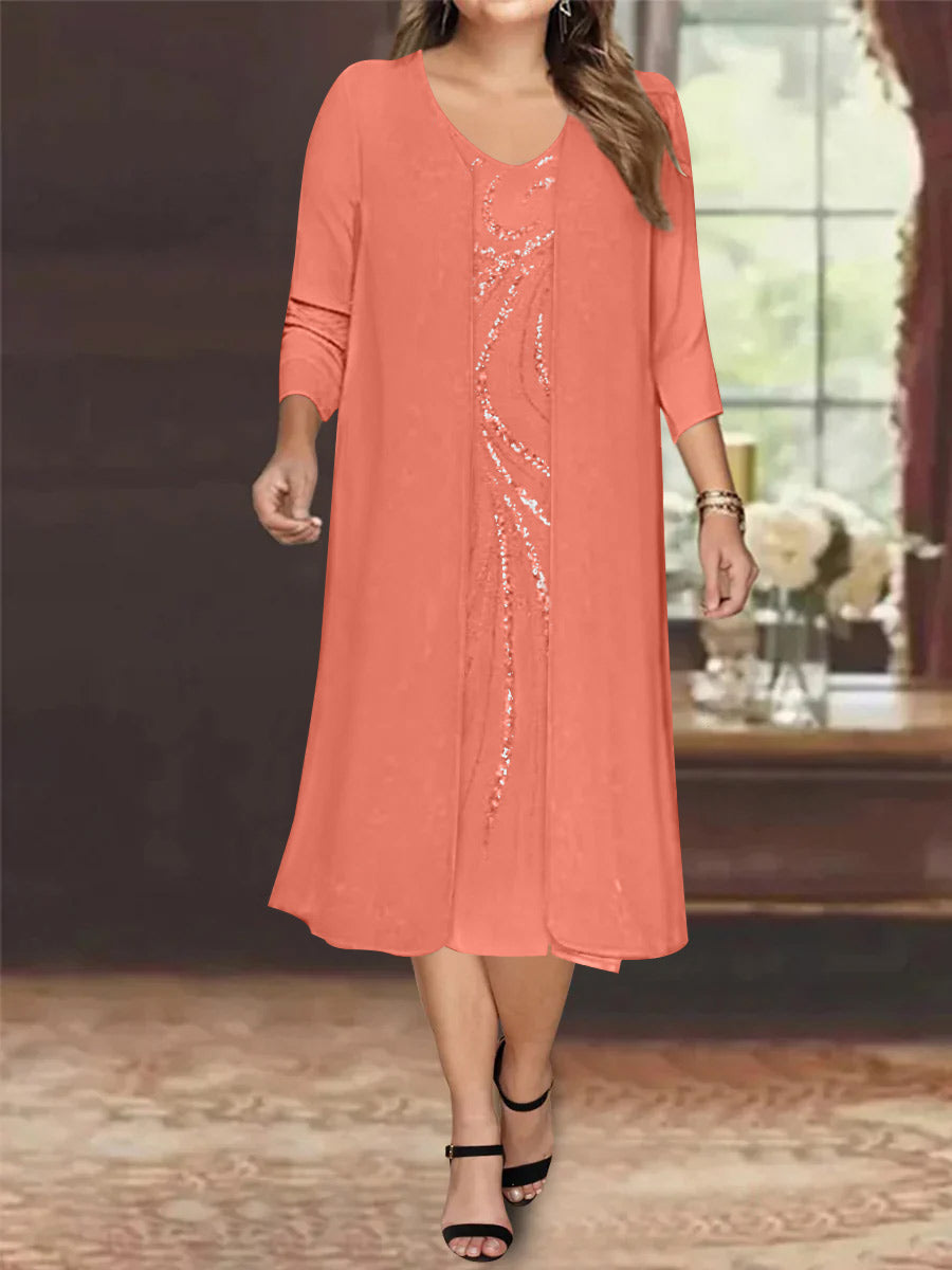Sheath/Column V-Neck Long Sleeves Tea-Length Plus Size Mother of the Bride Dresses with Jacket & Sequins Beading