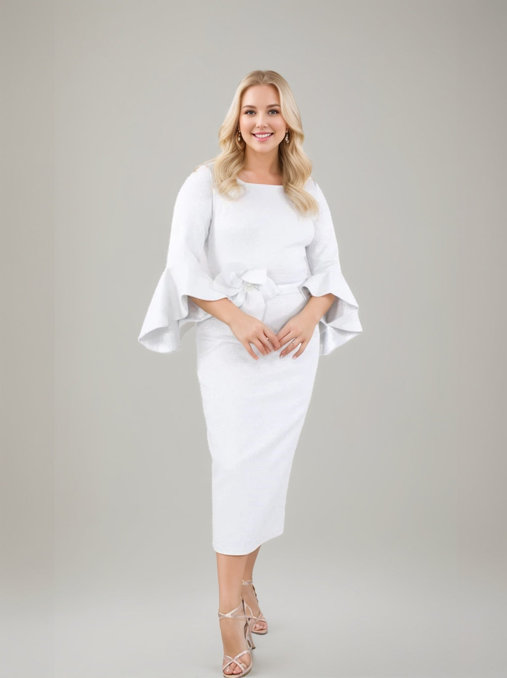 Sheath/Column Square Neck Tea-Length 3/4 Length Sleeves Mother of the Bride Dresses with Ruffles