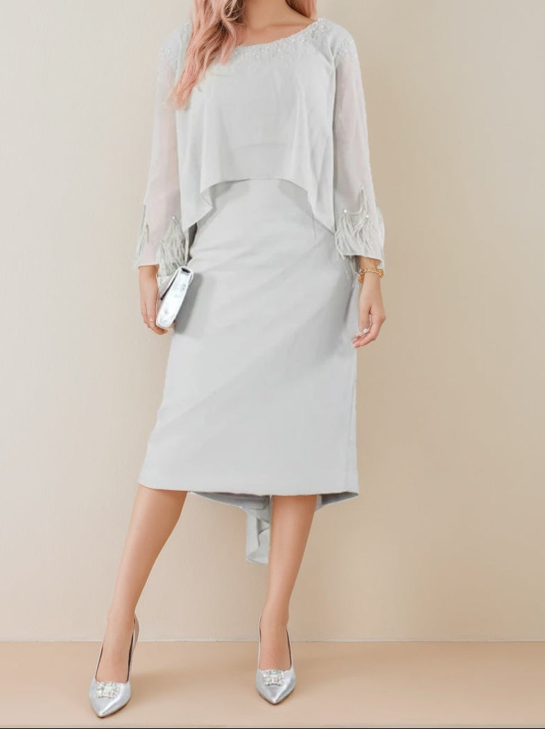 Sheath/Column Long Sleeves Round Neck Tea-Length Mother of the Bride Dresses with Tassels
