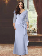 Sheath/Column V-Neck Half Sleeves Floor-Length Plus Size Mother of the Bride Dresses with Ruffles & Appliques