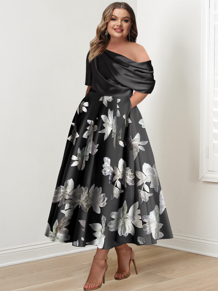 A-Line/Princess One-shoulder Printed Flower Plus Size Mother of the Bride Dresses