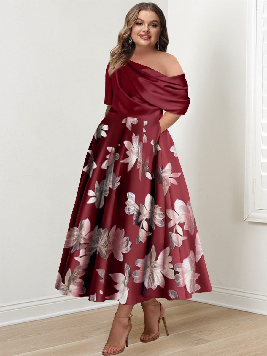A-Line/Princess One-shoulder Printed Flower Plus Size Mother of the Bride Dresses