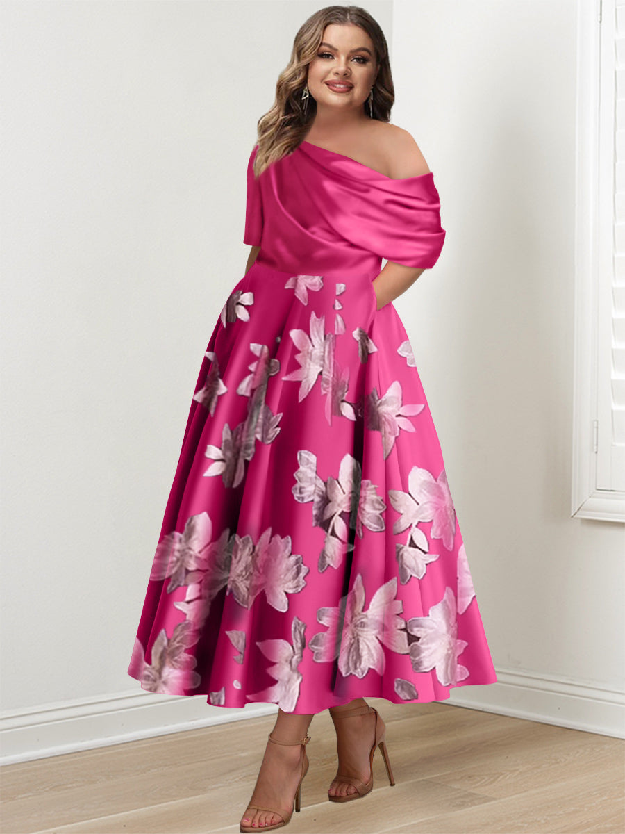 A-Line/Princess One-shoulder Printed Flower Plus Size Mother of the Bride Dresses