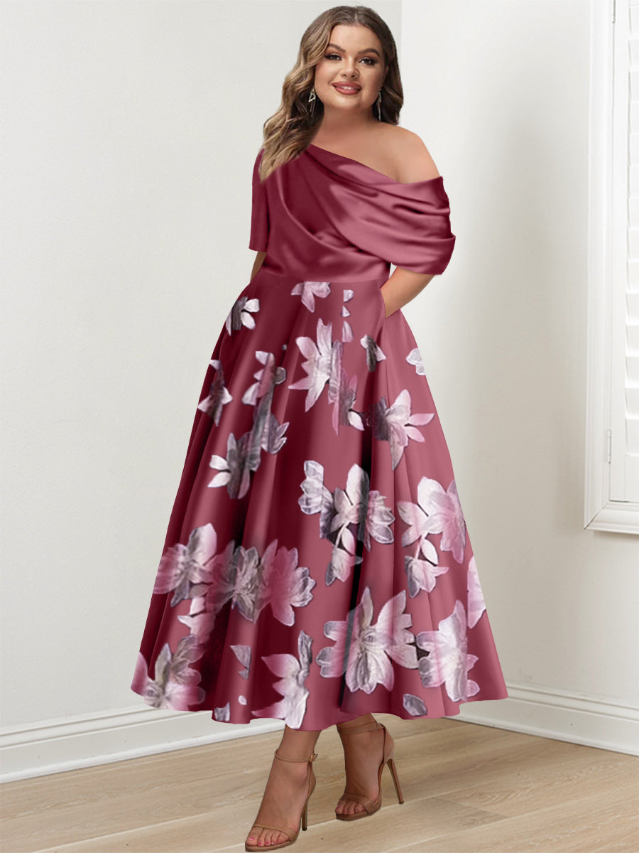 A-Line/Princess One-shoulder Printed Flower Plus Size Mother of the Bride Dresses