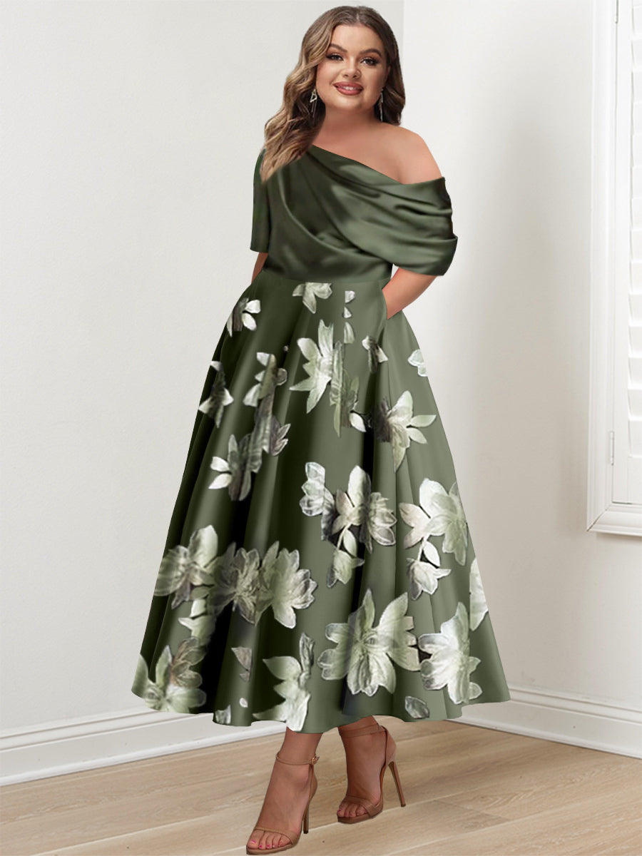 A-Line/Princess One-shoulder Printed Flower Plus Size Mother of the Bride Dresses