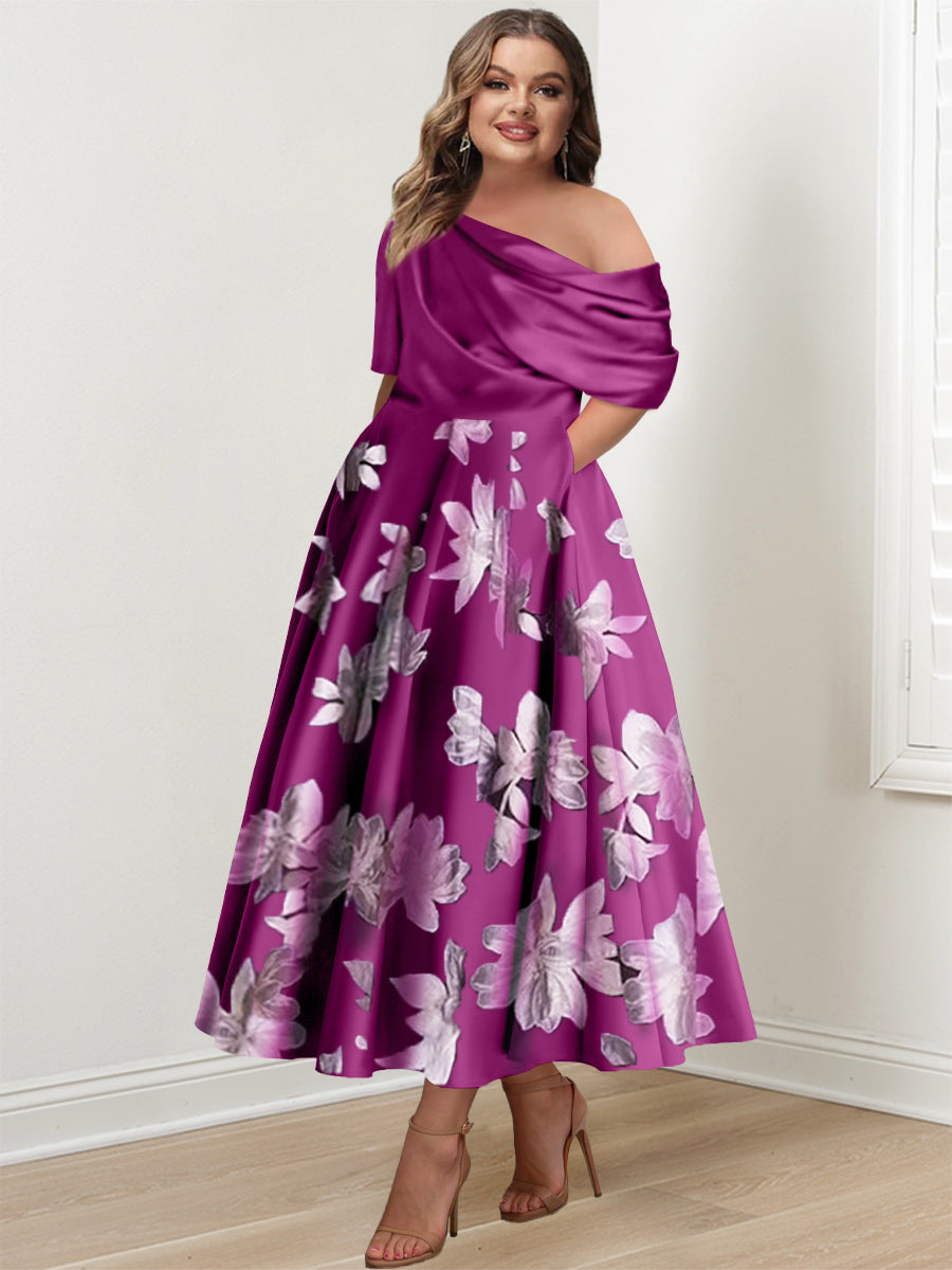 A-Line/Princess One-shoulder Printed Flower Plus Size Mother of the Bride Dresses