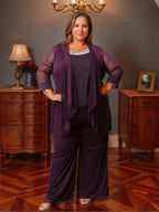 Polyester 3 Pieces Round Neck 3/4 Length Sleeves Plus Size Mother of the Bride Dresses with Jacket