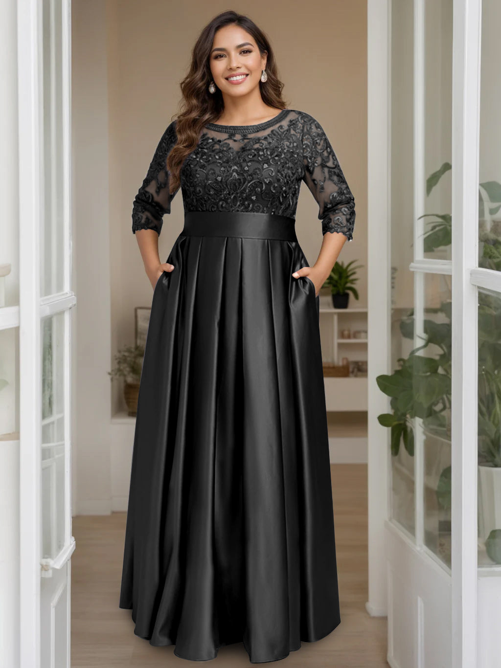 A-Line/Princess Scoop 3/4 Length Sleeves Floor-Length Plus Size Mother of the Bride Dresses with Bow & Sequins