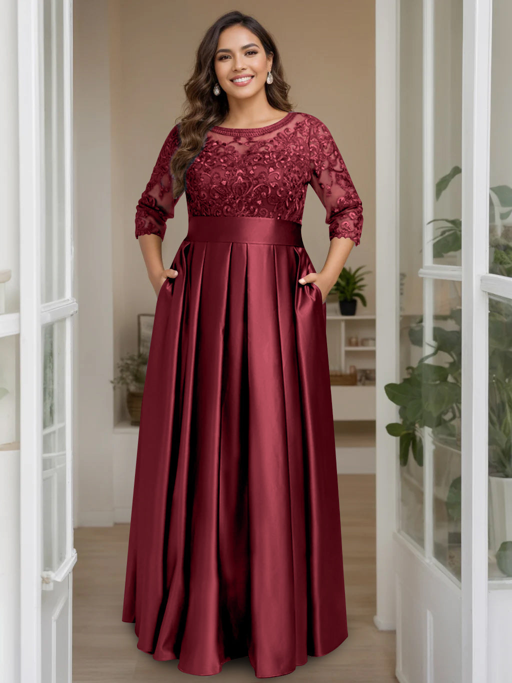 A-Line/Princess Scoop 3/4 Length Sleeves Floor-Length Plus Size Mother of the Bride Dresses with Bow & Sequins