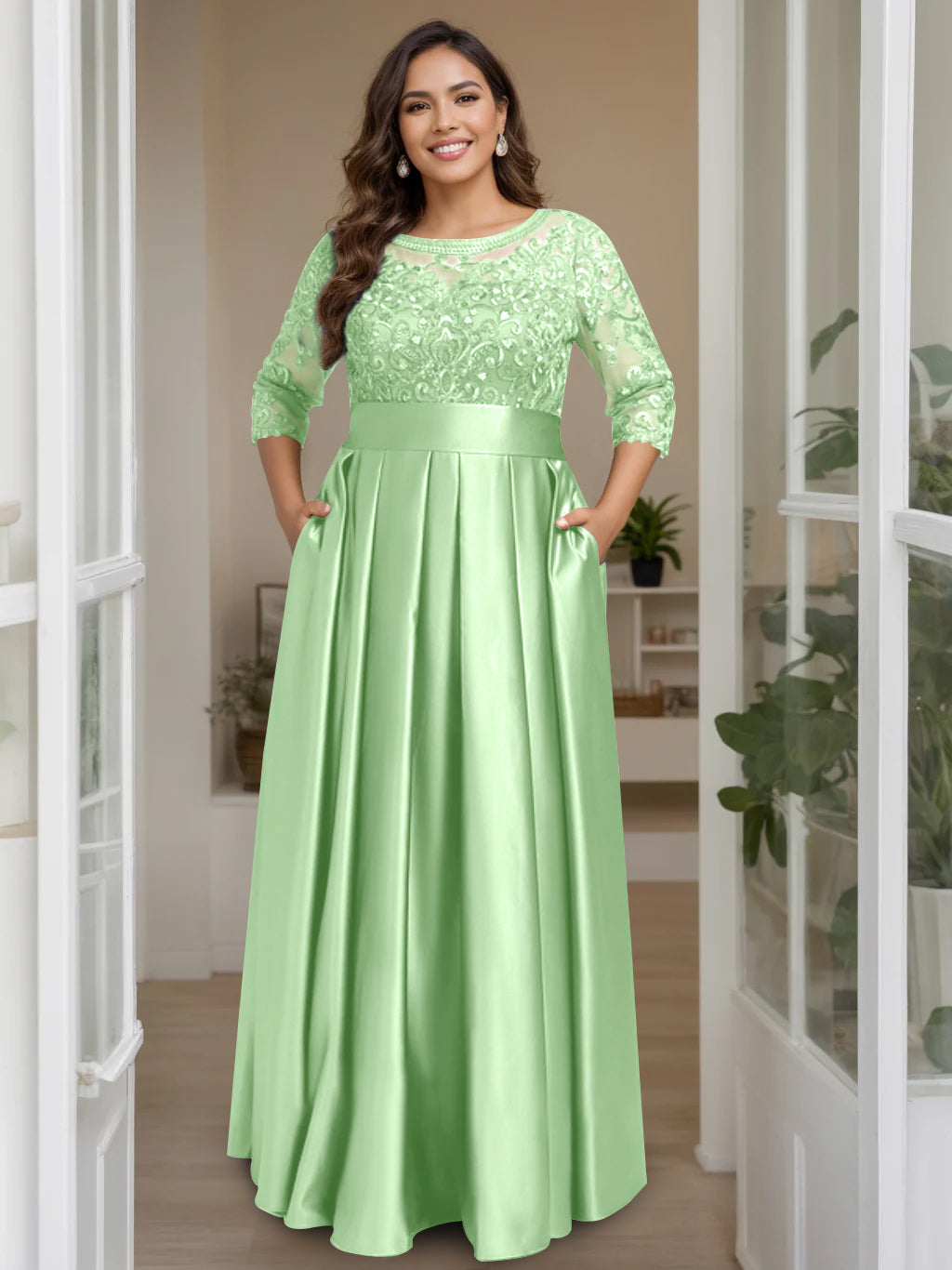A-Line/Princess Scoop 3/4 Length Sleeves Floor-Length Plus Size Mother of the Bride Dresses with Bow & Sequins