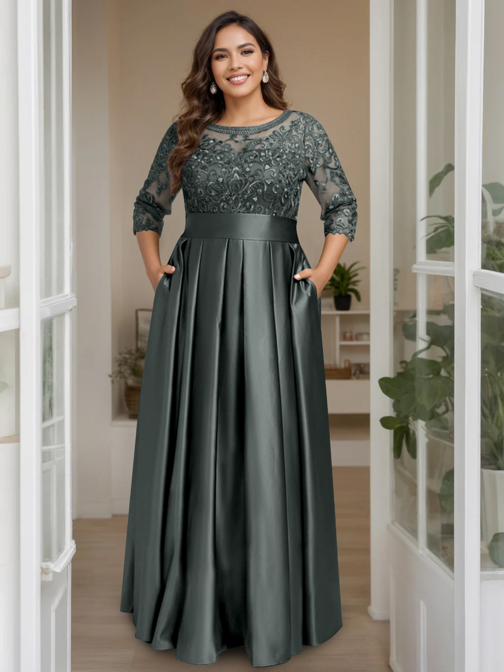 A-Line/Princess Scoop 3/4 Length Sleeves Floor-Length Plus Size Mother of the Bride Dresses with Bow & Sequins